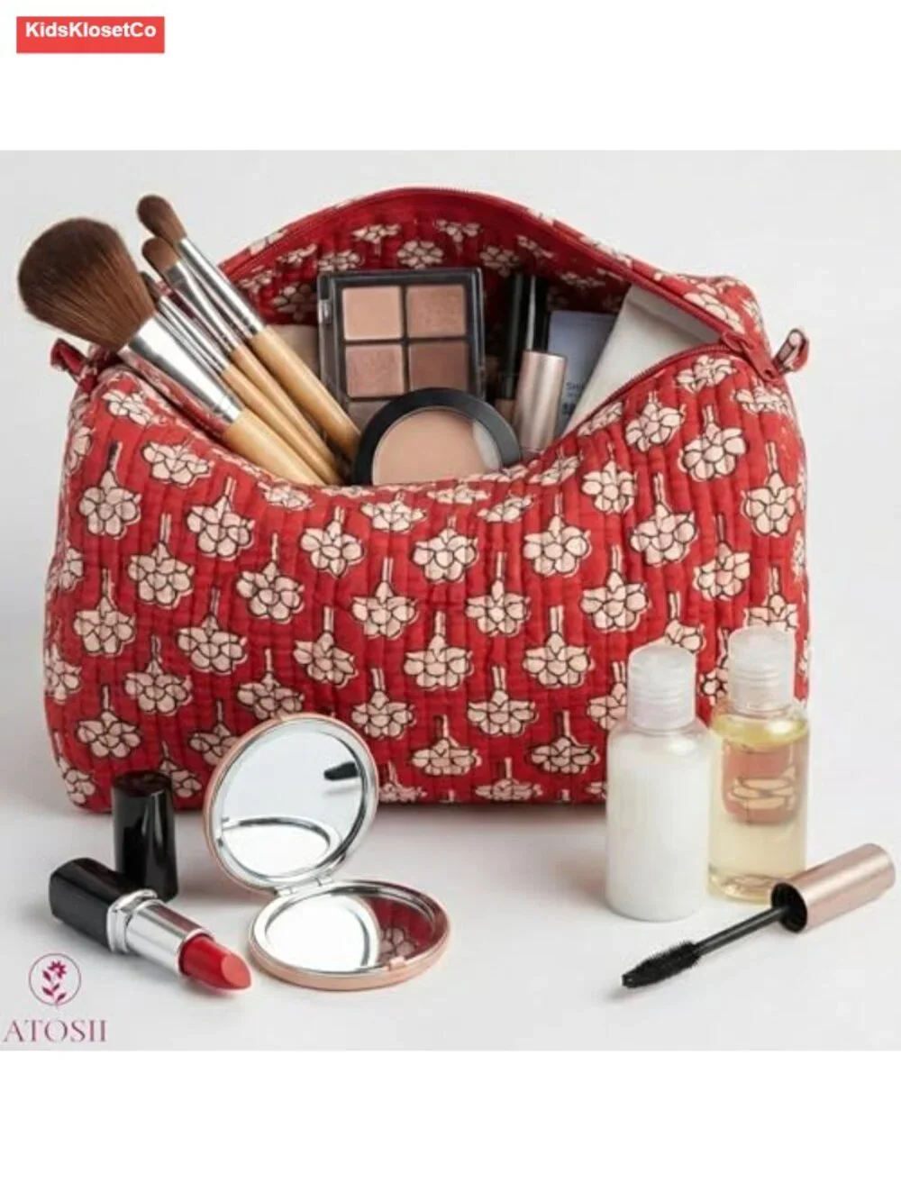 3-Piece Quilted Cotton Waterproof Toiletry Bag Set with Block Print Design for